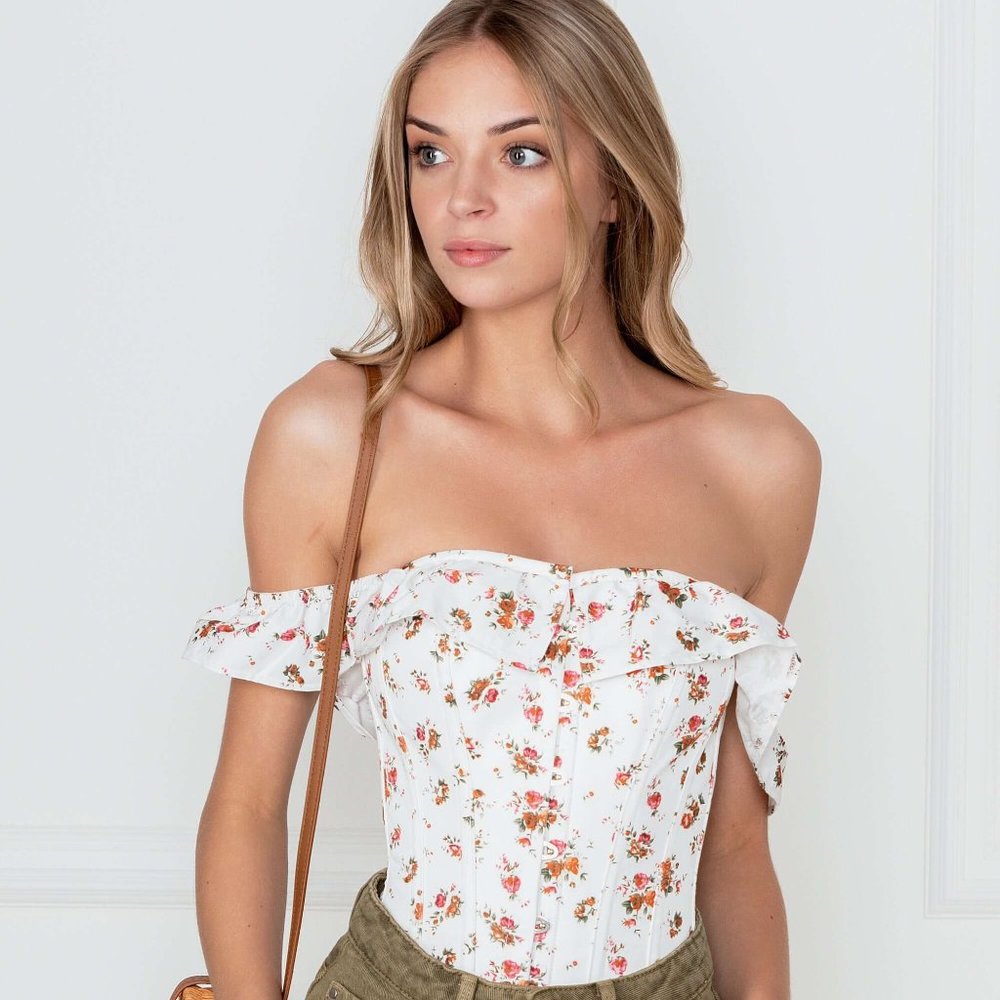 FLORAL VINTAGE INSPIRED STRAIGHT LINE OVERBUST WITH OFF SHOULDER COLLAR